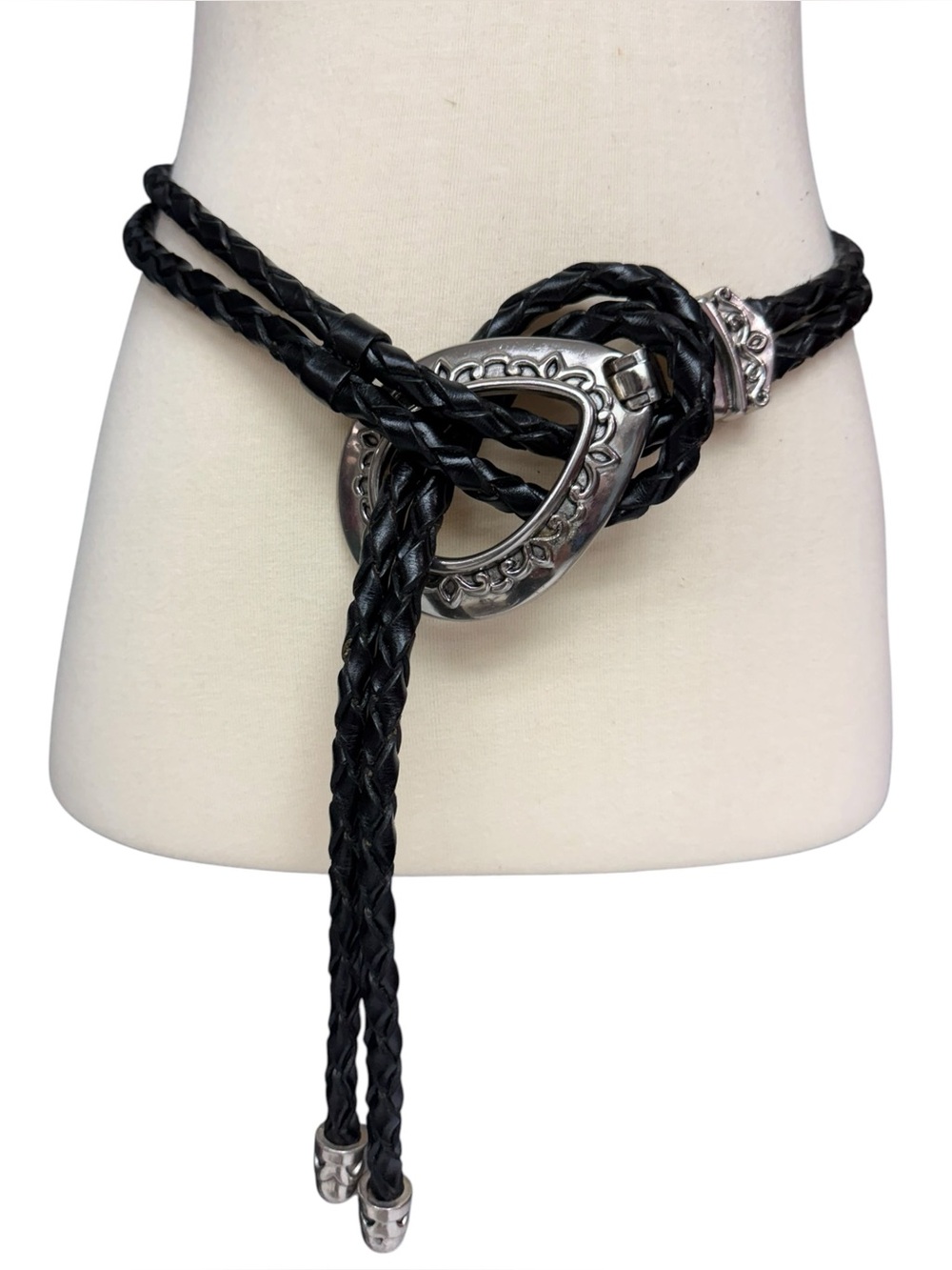 Vintage Braided Leather Lariat Necklace Ornate Silver Buckle Rope Belt 90s